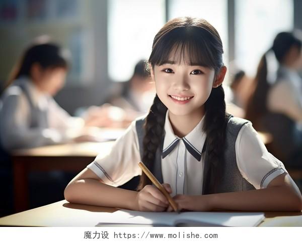 教室里认真学习的中国学生女整齐端正坐着写作业微笑孩开学季学校校园学生教育培训学习